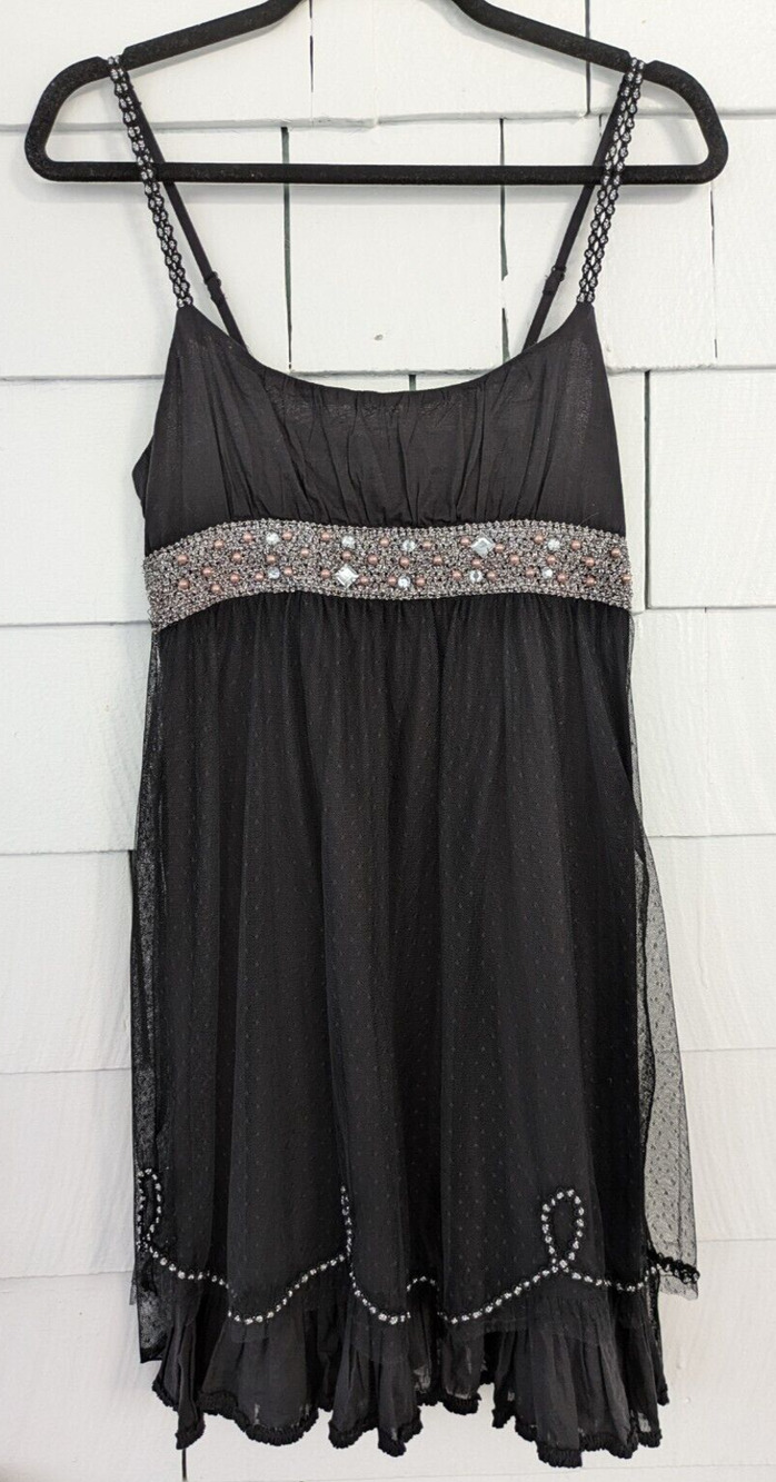 Free People 6 Jeweled Princes Voile Dress Black Adjustable Straps Tulle Overlay